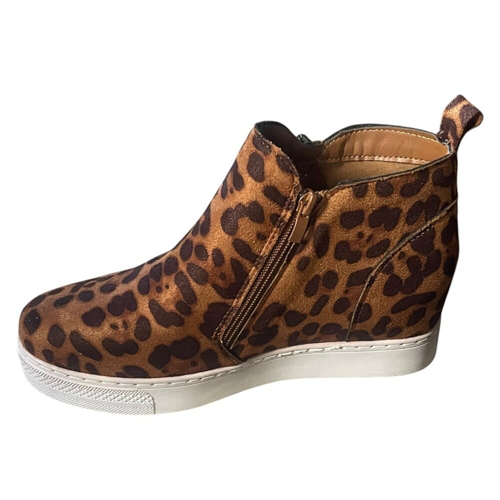 BAMBOO Leopard Print Faux Suede Wedge Sneakers – Dual Zipper Women's Ankle Boots - Picture 6 of 8